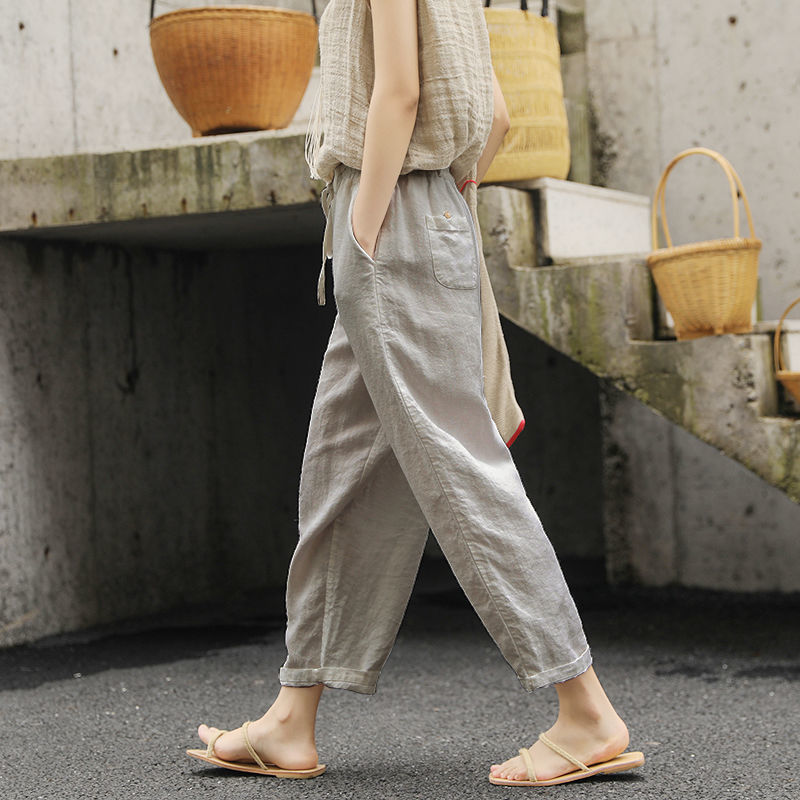 Solid Color Cotton Linen Lace Up Loose Casual Pants