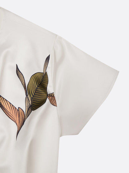 White Leaf Short Sleeve Satin Wrap Sheath Midi Dress