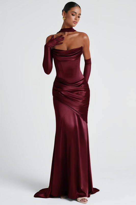 Marilou Burgundy Ruched Satin Maxi Dress