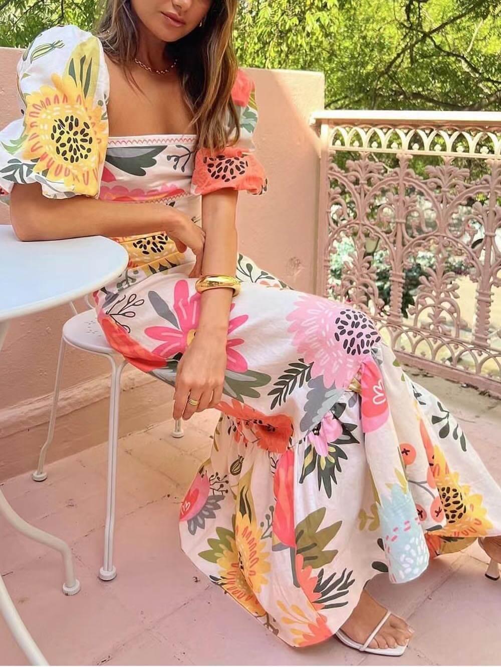 Square Neck Floral Print Bubble Sleeve Maxi Dress