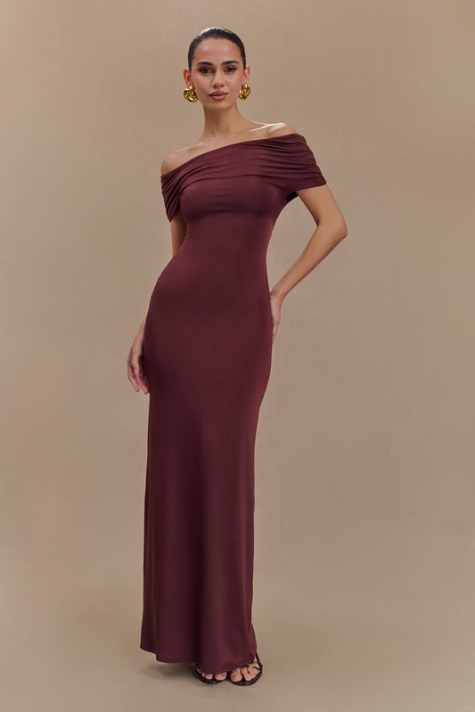 Mogen Off Shoulder Slinky Maxi Jurk - Mahonie