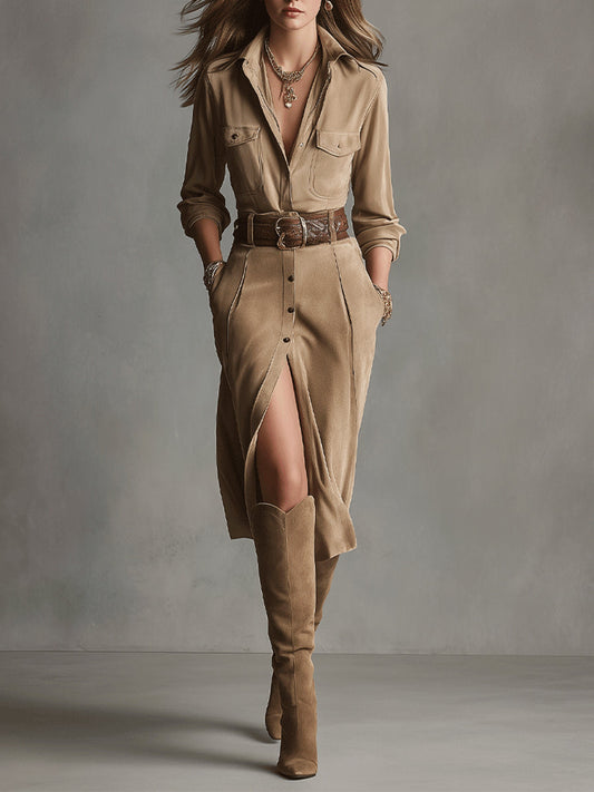 Women's Brown Fashion Suede Midi Dress