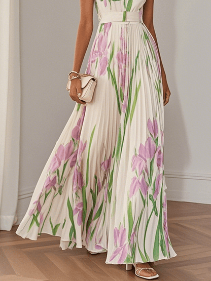 White Pleated Floral Chiffon Square Neck Sleeveless A-Line Maxi Dress