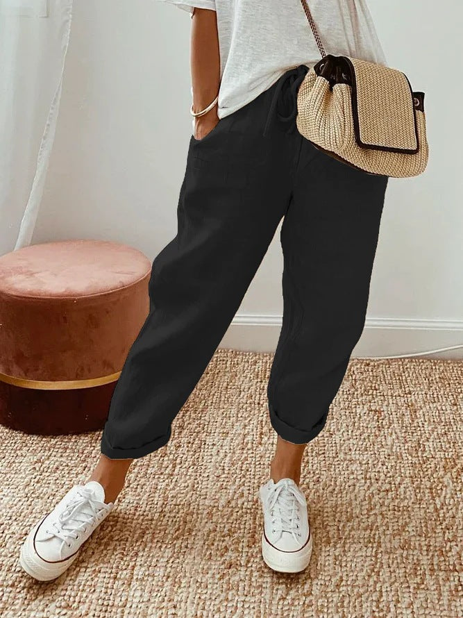 Solid Color Insert Pocket Drawstring Casual Pants