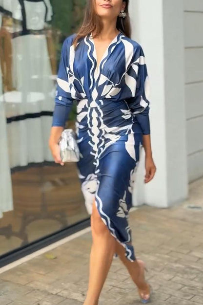 Unique Print Dolman Long Sleeve Ruched Slit Midi Dress