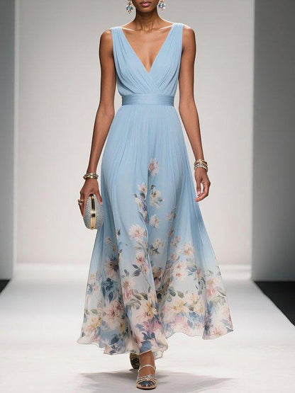 Light Blue Floral Chiffon V Neck Sleeveless A-Line Maxi Dress