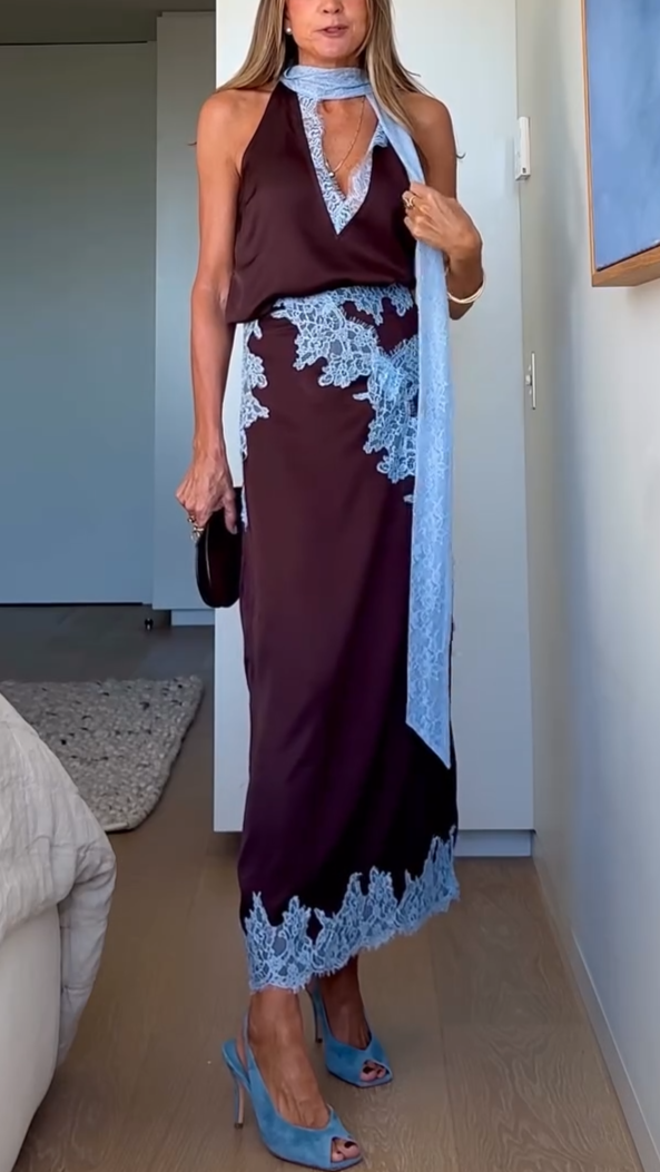 Elegante Bruin-Blauwe Kanten Top + Rokenset