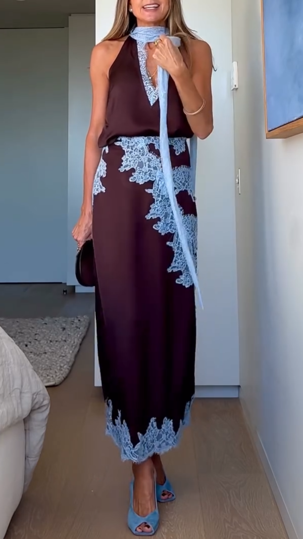 Elegante Bruin-Blauwe Kanten Top + Rokenset