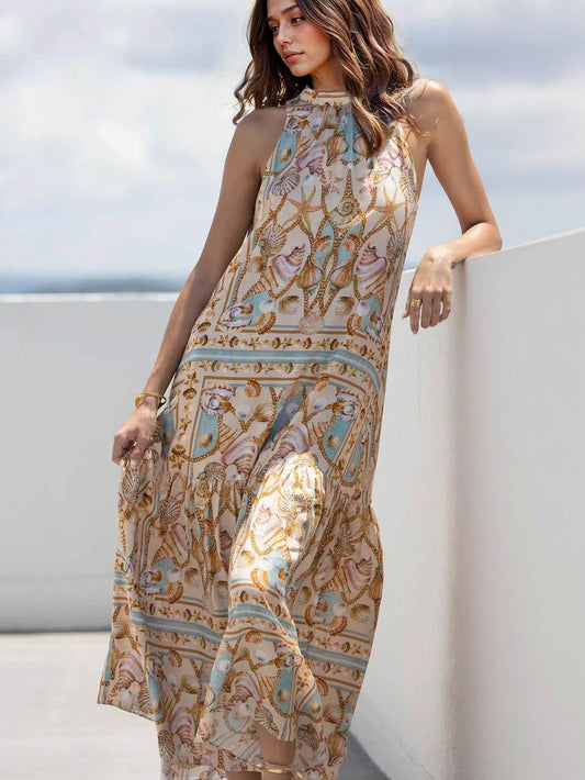 Exquisite Satin Ocean Treasure Print Maxi Dress