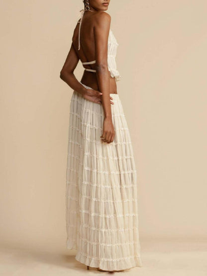 Pleated Drawstring Charm Waist Tiered Maxi Skirt Suit