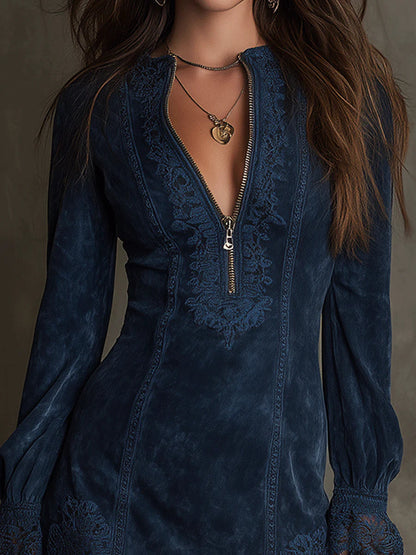 Vintage Blue Suede Lace Trim Mini Dress