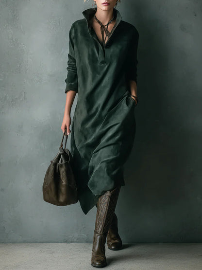 Green Loose Suede Lapel Long Sleeve Midi Dress
