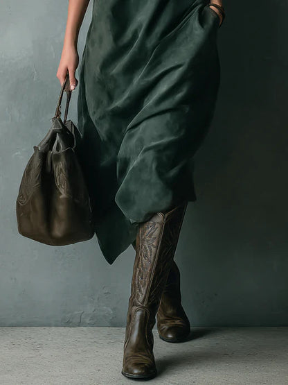 Green Loose Suede Lapel Long Sleeve Midi Dress