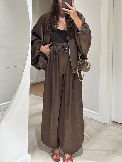 Brown Drawstring Wide-leg Casual Pants