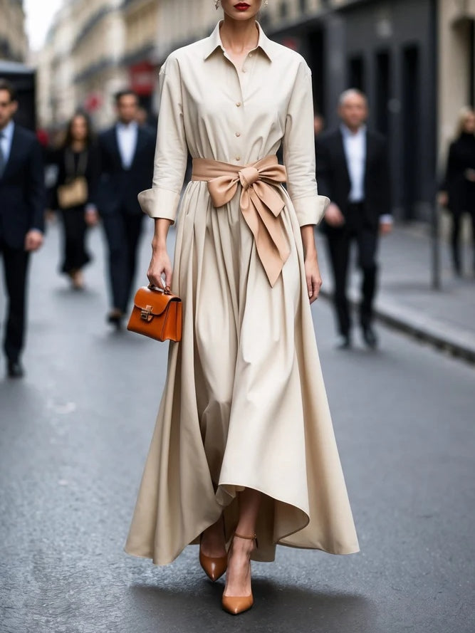 Elegant Long-sleeved Shirt-style Tie Maxi Dress