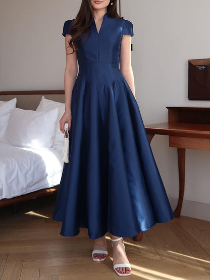 Elegant Dark Blue V-neck Long Dress