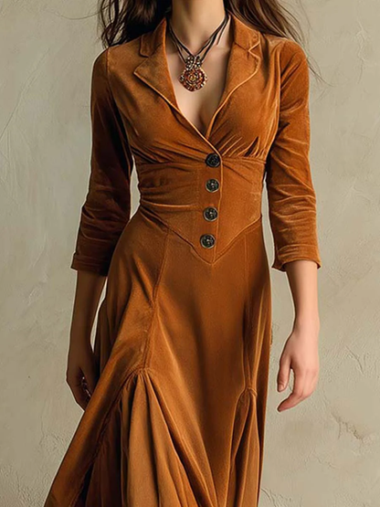 Brown Elegant Retro Suit Collar Velvet Long Dress