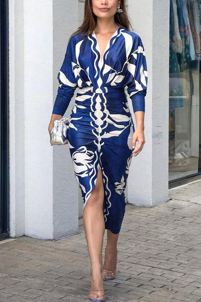 Unique Print Dolman Long Sleeve Ruched Slit Midi Dress