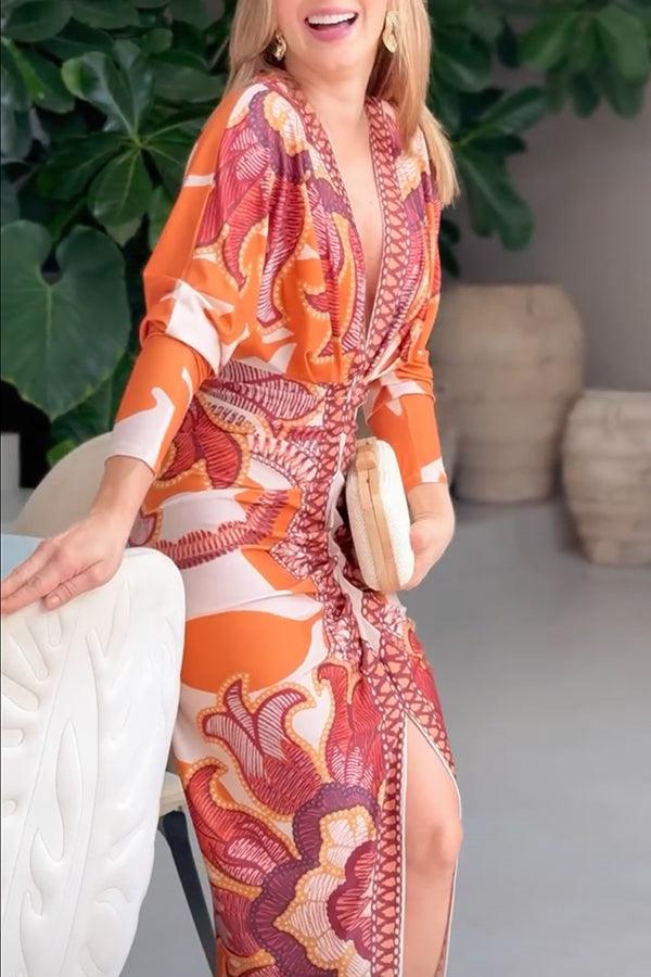 Unique Print Dolman Long Sleeve Ruched Slit Midi Dress