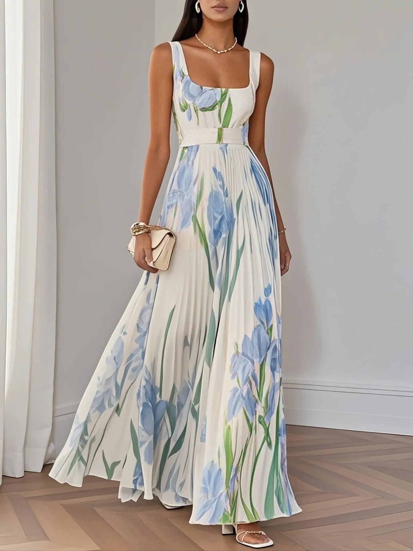 White Pleated Floral Chiffon Square Neck Sleeveless A-Line Maxi Dress