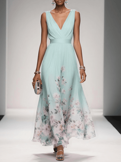 Light Blue Floral Chiffon V Neck Sleeveless A-Line Maxi Dress
