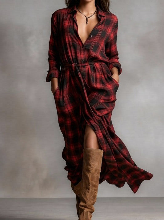 Red Plaid Lapel Button-Down Shirt Maxi Dress